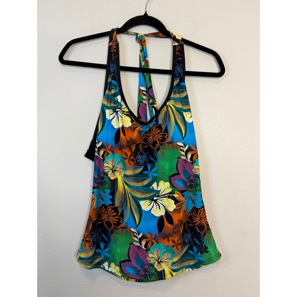 Hapari Tropical Floral Halter Tankini Swim Top Blue Green Orange SPF 50+ Large